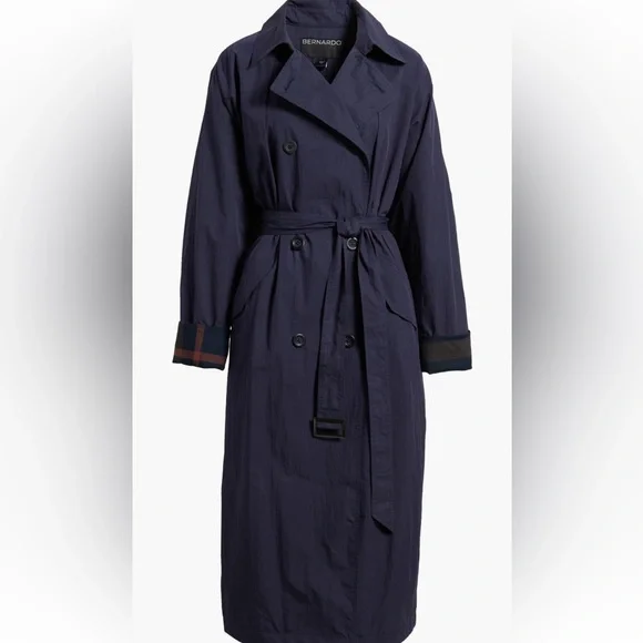 $220 NWT BERNARDO Longline Belted Rain Trench Coat jacket Navy Blue Plaid XL - Picture 5 of 5